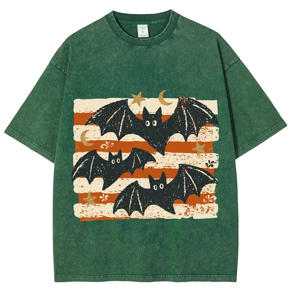 Vintage Halloween Bats T Shirt Unisex Oversized Washed Graphic Tees Spooky Retro Acid Wash Cotton Short Sleeve Tops