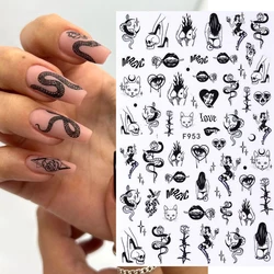 3D Snake Design Nail Stickers Black Evil Eye Tiny Skull Ghost Flower Design Sliders For Halloween Manicure Nail Art Decoration