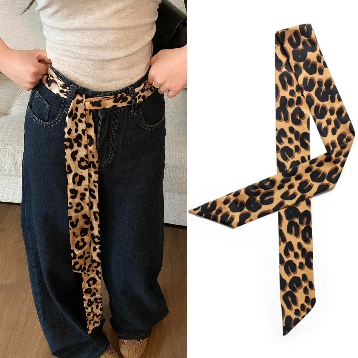 

Шелковый шарф с леопардовым принтом для женщин, длинный пояс-шарф в стиле Y2K, многофункциональный шелковый шарф-повязка на шею, аксессуары