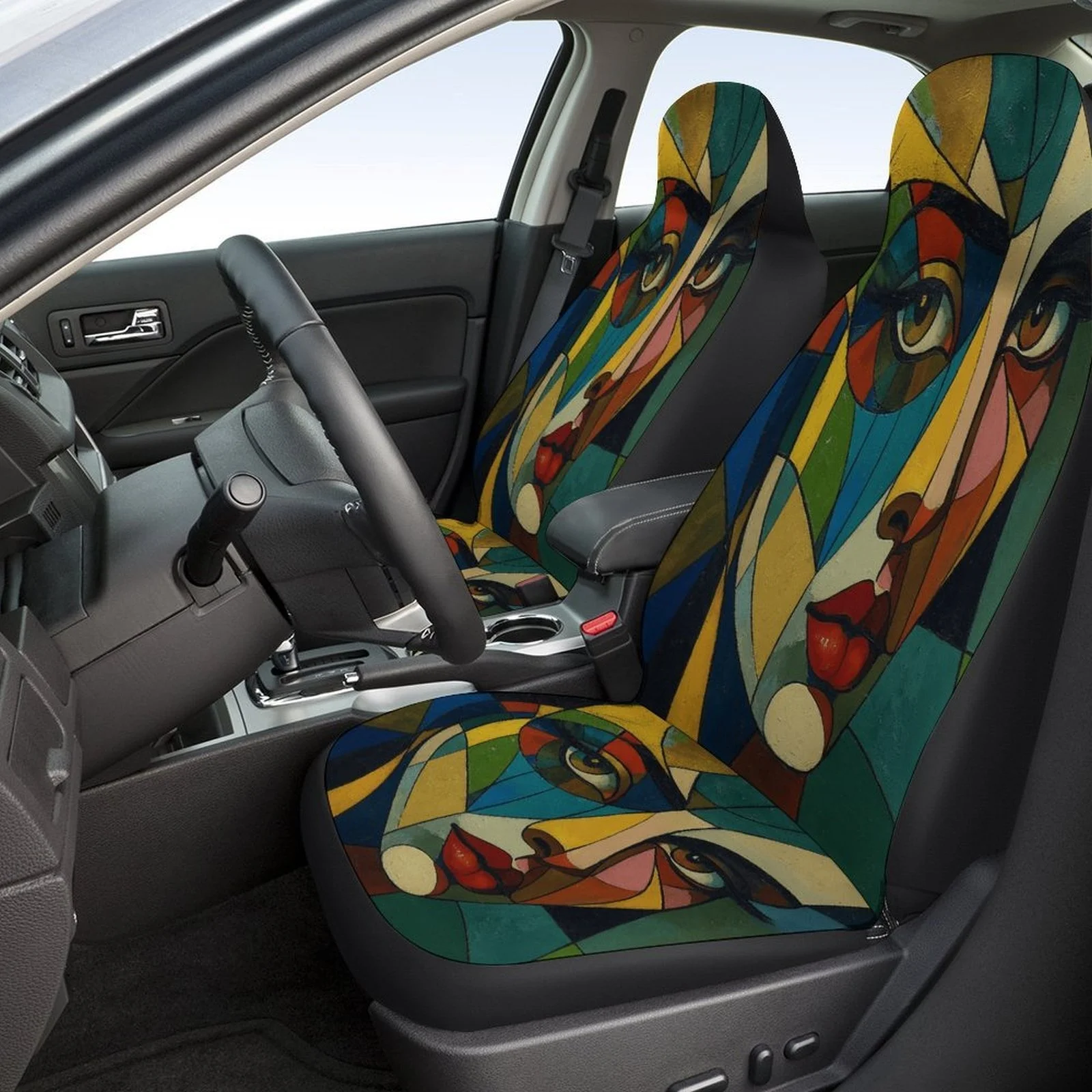 Colorful Face Portrait Designed Car Seat Covers Set For Most Cars, Trendy Novelty Decorative Car Seat Protector Covers Full Set,