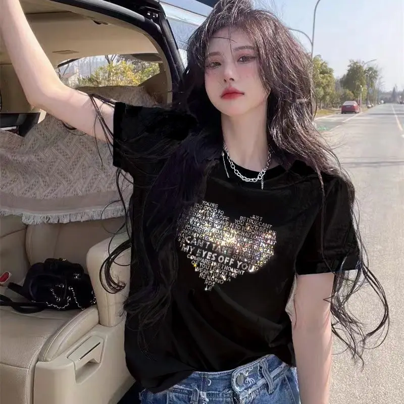 

Women Summer Fashion Diamonds Loose Appear Thin O-neck Short Sleeve T-Shirt Ladies Simplicity Casual All-match Sweet Top Tee