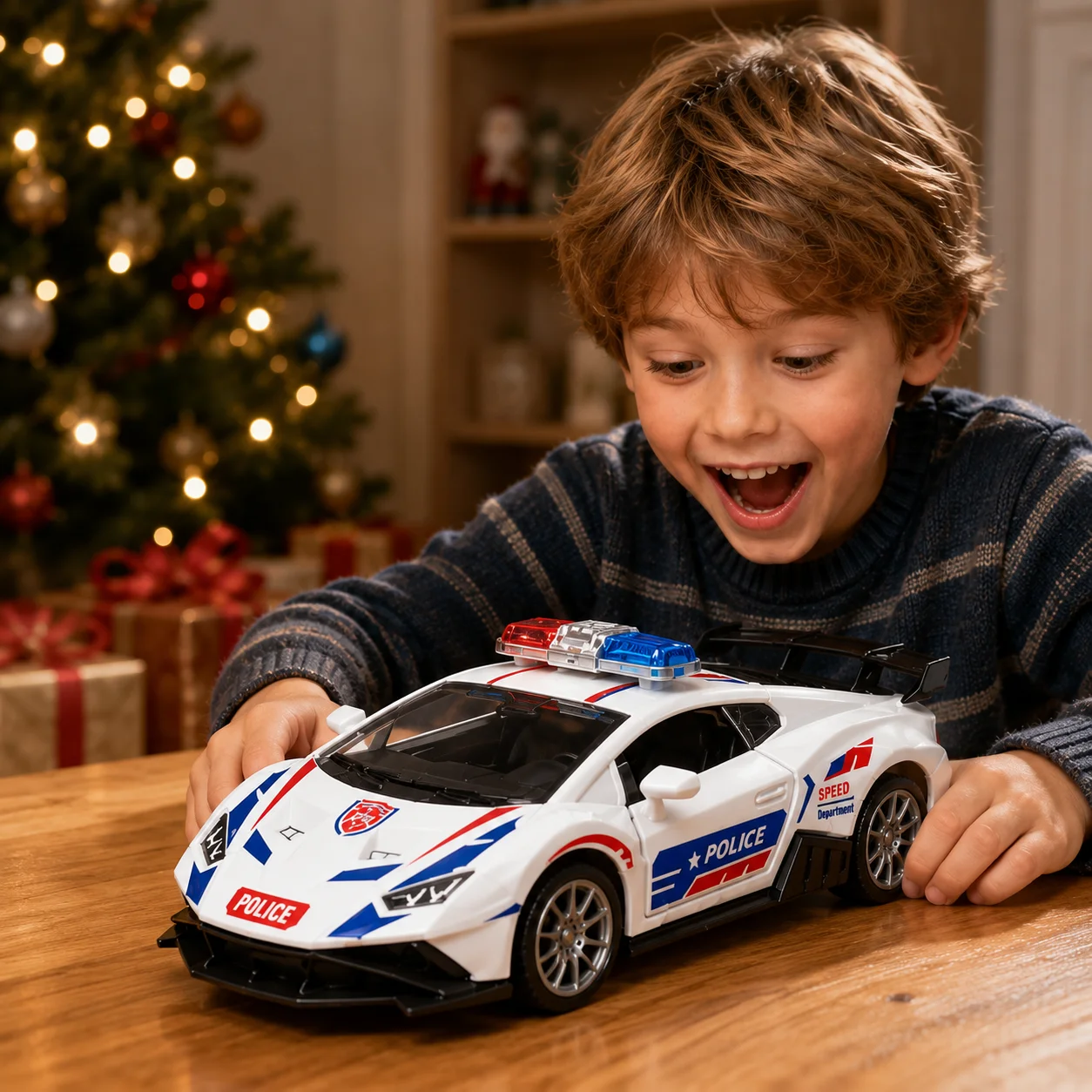 MQUDUO Police Sports Car Model, White Patrol Vehicle with Roof Light Bar, Opening Door, Holiday Display Collection Gift