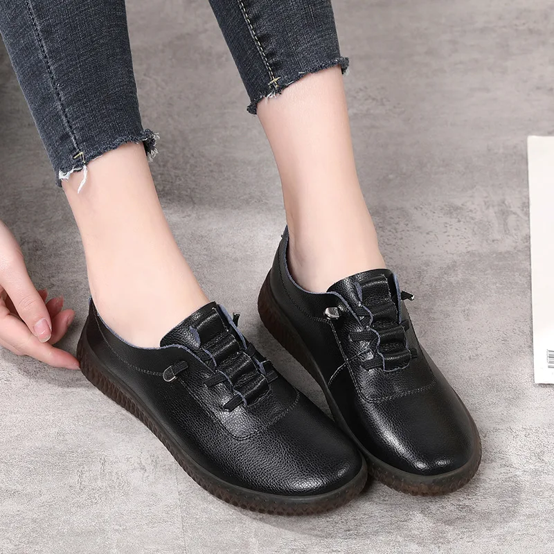 WOIZGIC Ladies Women\'s Female Mother Genuine Leather Vulcanized Shoes Flats Moccasin Loafers Non Slip Lace up Plus Size 41