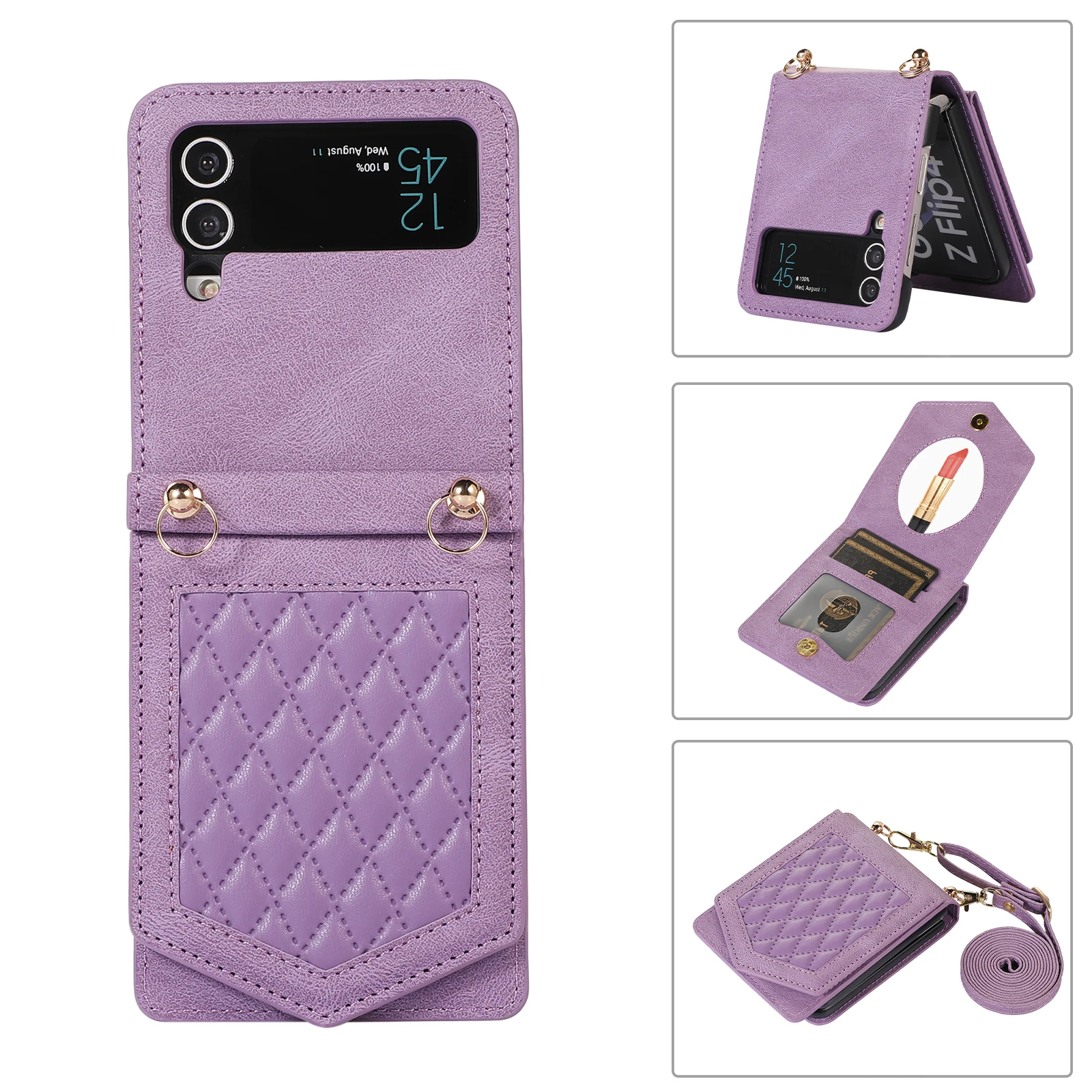 RFID Crossbody Leather Cards Solt Case For Samsung Galaxy Z Flip 5 4 5G Flip4 Flip3 Wallet Card Holder Purse Lanyard Strap Cover