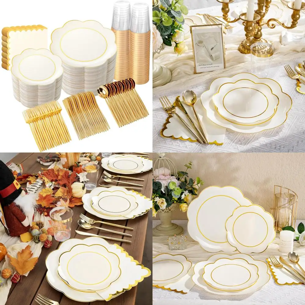

Одноразовый сверхпрочный набор посуды цвета слоновой кости и золота для 50 гостей, 350-удобные тарелки для вечеринок, идеально подходят для особых мероприятий