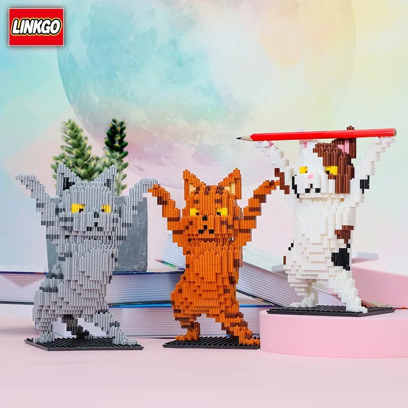 Linkgo Connection Enchanting Cat Building Blocks DIY Animal Micro Bricks Lovely Holding Cat Collection Pet Model Kid Toys