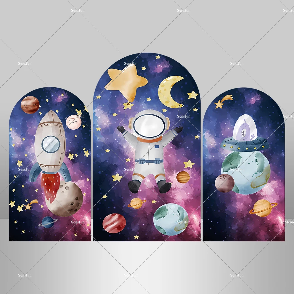 الفضاء الخارجي رائد الفضاء الصبي 1st حفلة عيد ميلاد قوس خلفية غطاء استحمام الطفل ديكور غالاكسي صاروخ كوكب خلفية لافتة الحفلات