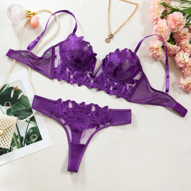 Deep bikiniVBra Set Ultra-Thin Breathable Mesh Floral Embroidery Sexy Lingerie