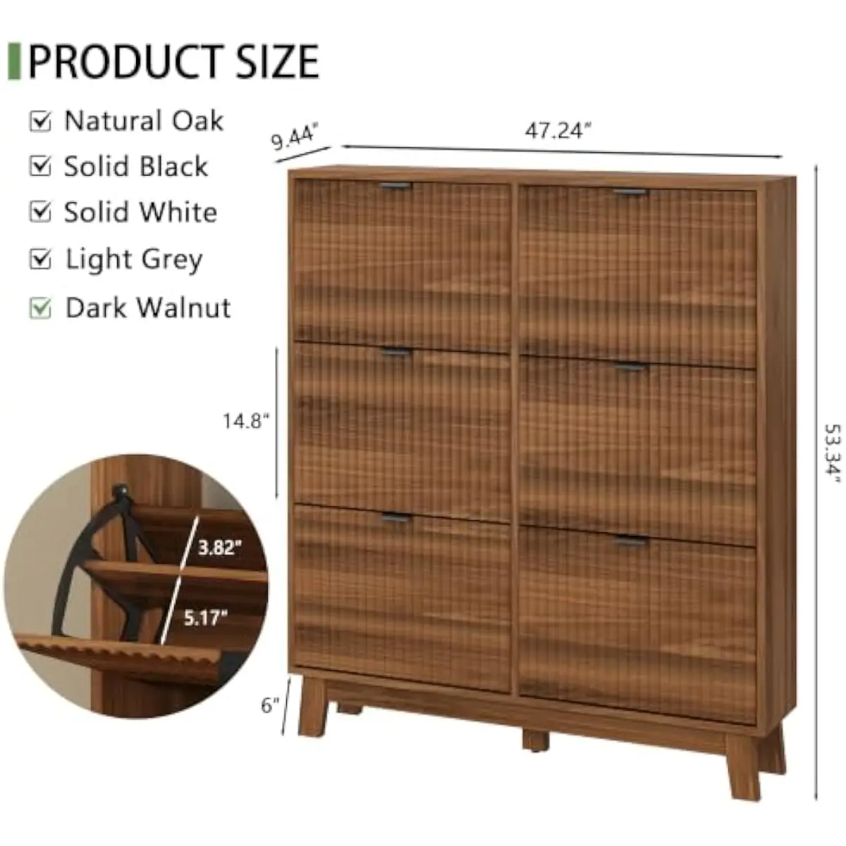 Tall narrow shoe cabinet with six flip-out drawers, fluted textured panels, dual-layer storage per drawer, wall-anchored stabili
