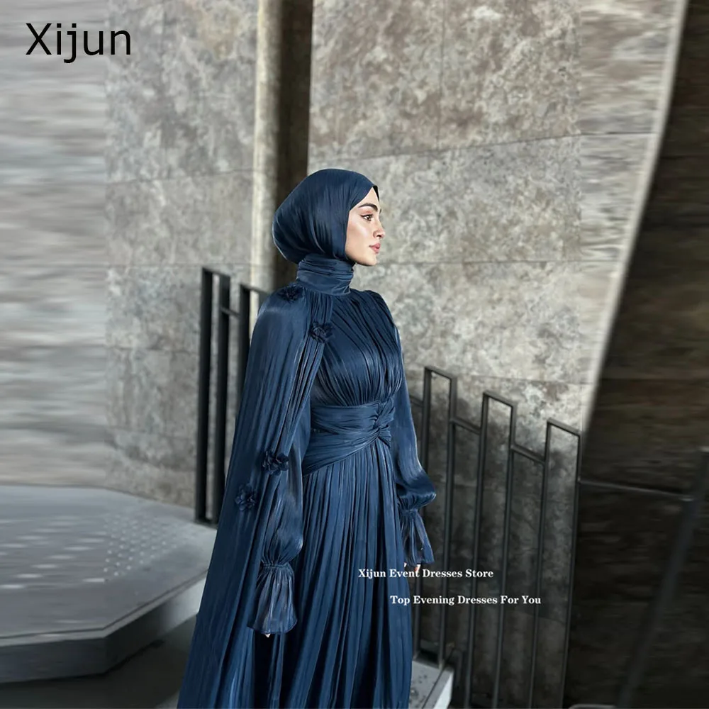 

Xijun Modest Blue Evening Dresses Long Sleeves A-Line Luxury Dubai Prom Dresses Pleated Cape Formal Prom Gowns Muslim Customized