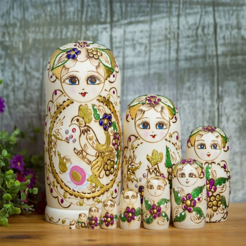 Matryoshka Nga Làm Tổ Búp Bê Bộ 10 Tượng Gỗ Thủ Công Kiểu Dáng Cô Gái Thủ Công Để Trưng Bày Búp Bê