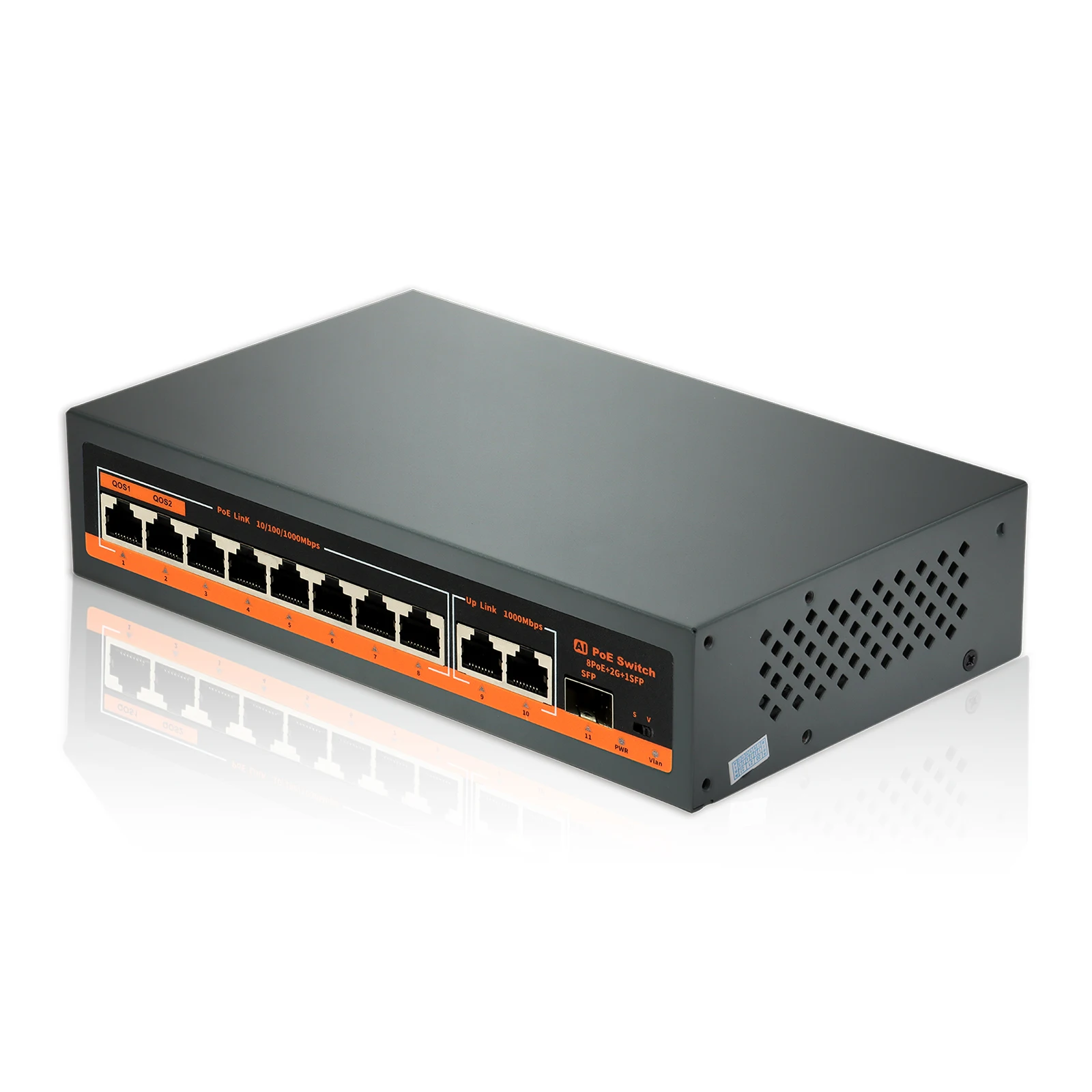 

8-портовый гигабитный коммутатор PoE+ Bullscom | 120 Вт | 2×1G Uplink | 1×порт SFP | Неуправляемый | Plug & Play | Умное обнаружение AI | QoS