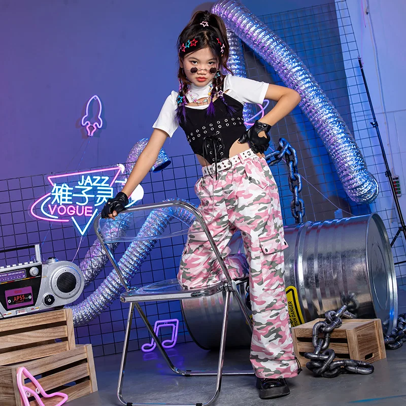 

Kids Jazz Dance Clothes Hip Hop Dance Performance Outfit Girls Dancewear Tops Camouflage Pants Street Dance Costume DL10701