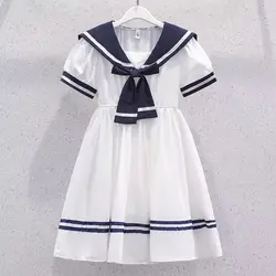 Children's Academy Style Dress Summer New Girl Solid Stripe Navy Neck Short Sleeve Formal Occasion Girls and Kids Clothing