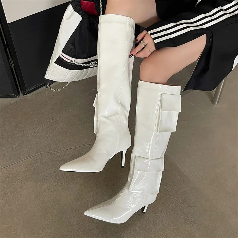 Eilyken Sexy Winter Thin High Heels Women Knee-High Boots Design Style Lattice Pointed Toe Banquet Party Female Shoes