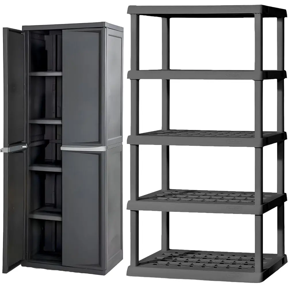 

Gray 5-Tier Shelving Unit with Storage Cabinet for Garage, Pantry, and Kitchen Organization