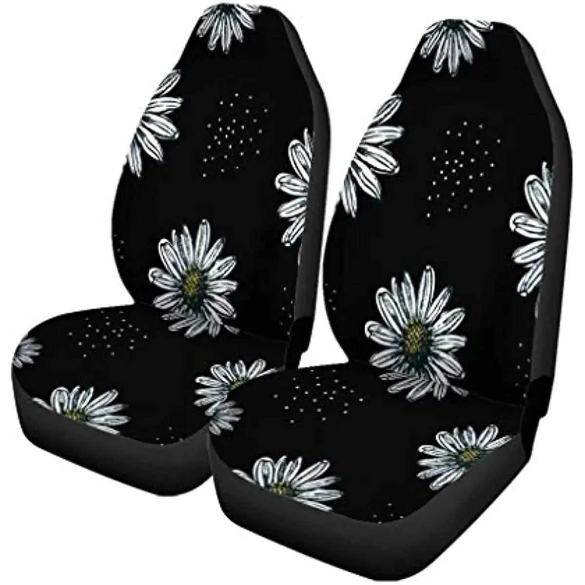 Pinbeam Car Seat Covers Yellow Flower Daisy Pattern in Beautiful Black Blossom Chamomile Set of 2 Auto Accessories Protectors Ca