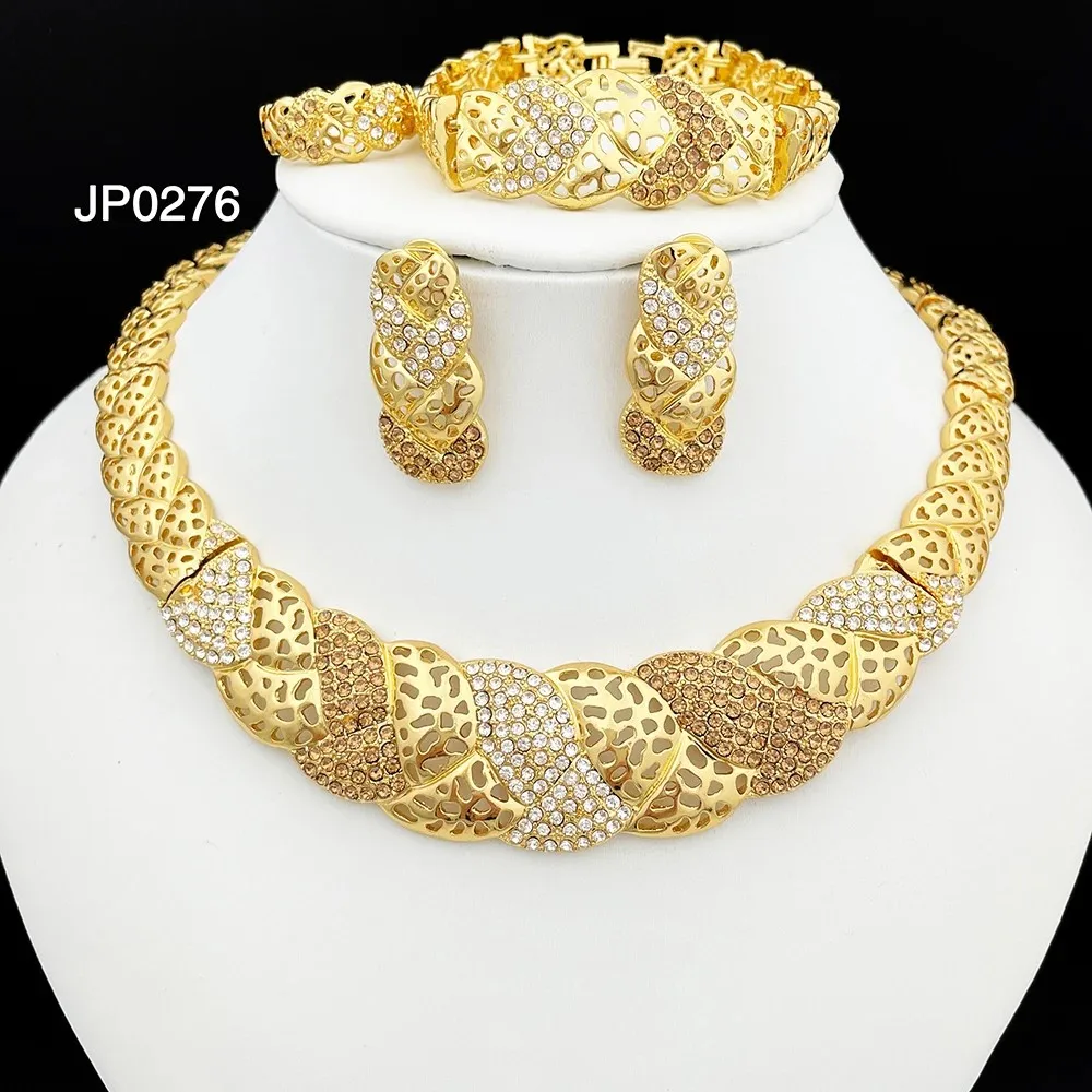 

Luxury 18K Gold Plated Dubai Jewelry Set For Women Round Necklace Bracelet Earings And Ring Wedding Party Gift