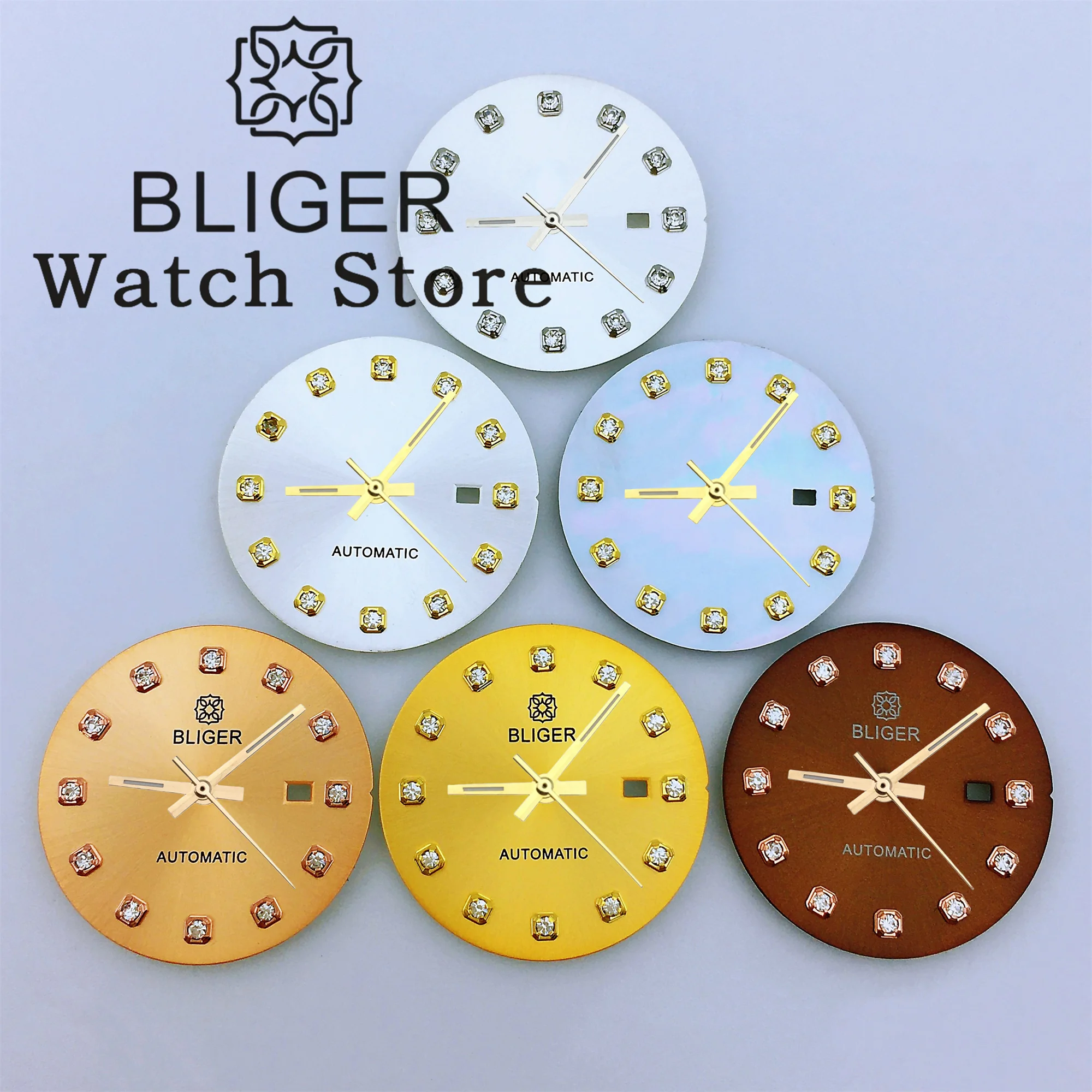 BLIGER 24.5mm Watch Dial Sunburst Rose Gold Mother Pearl White Silver Gold Rose Gold Diamond Index with Hands Fit NH05 Movement