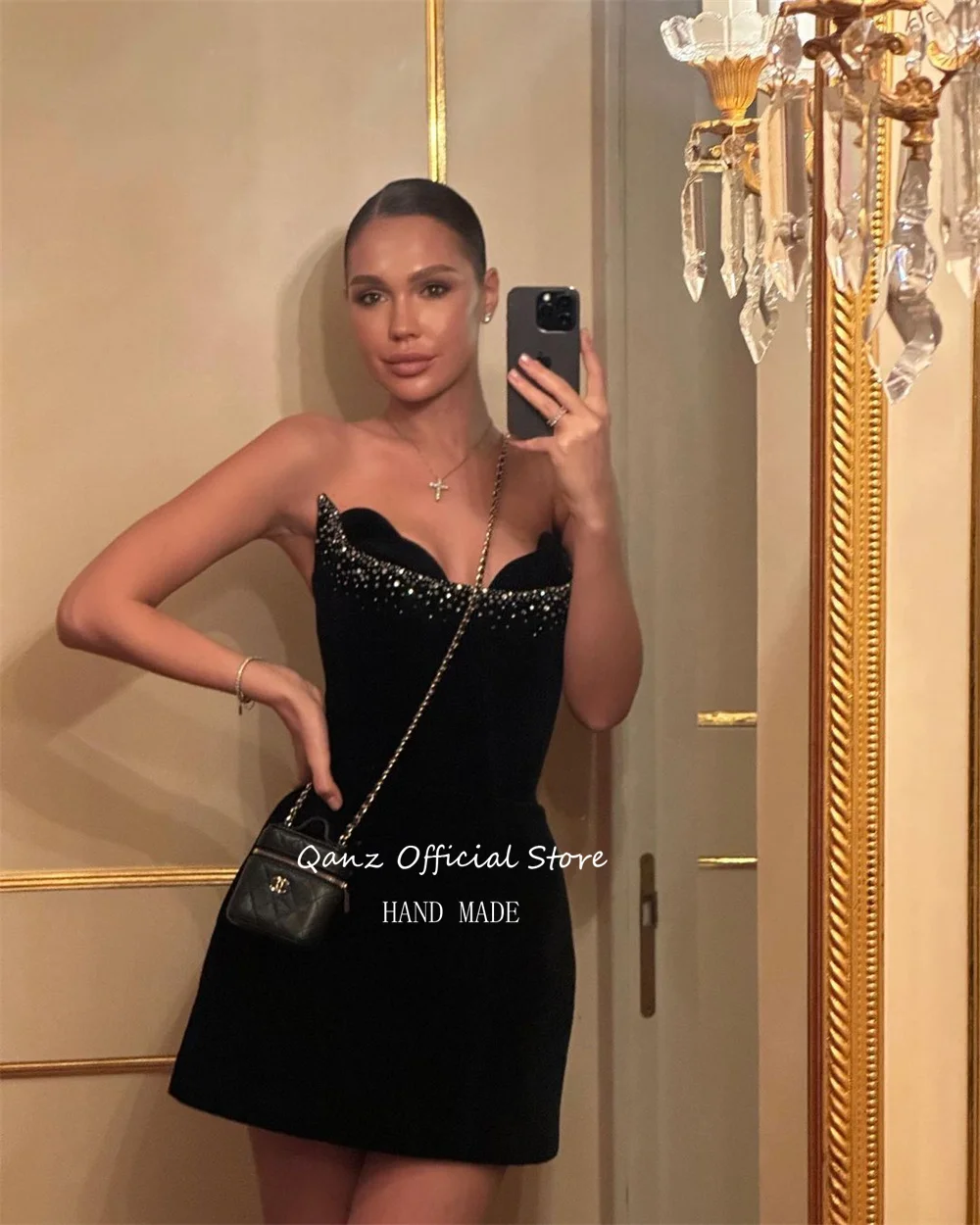 Qanz Black Velour Prom Dresses Crystal Vintage Strapless Mermaid Short Party Dresses Luxury Evening Dresses For Women Customized