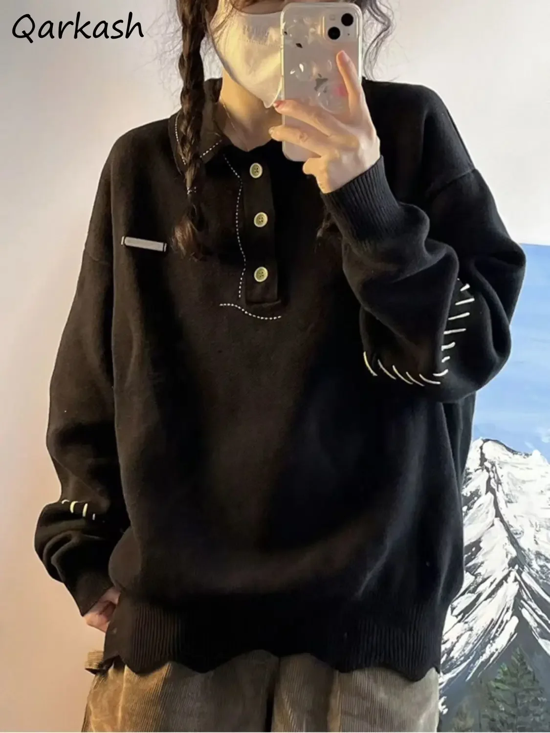 

Свободные пуловеры для женщин с лацканами, винтажные бойфренд, модные классические молодые простые дизайнерские свитера унисекс в стиле Харадзюку, индивидуальные