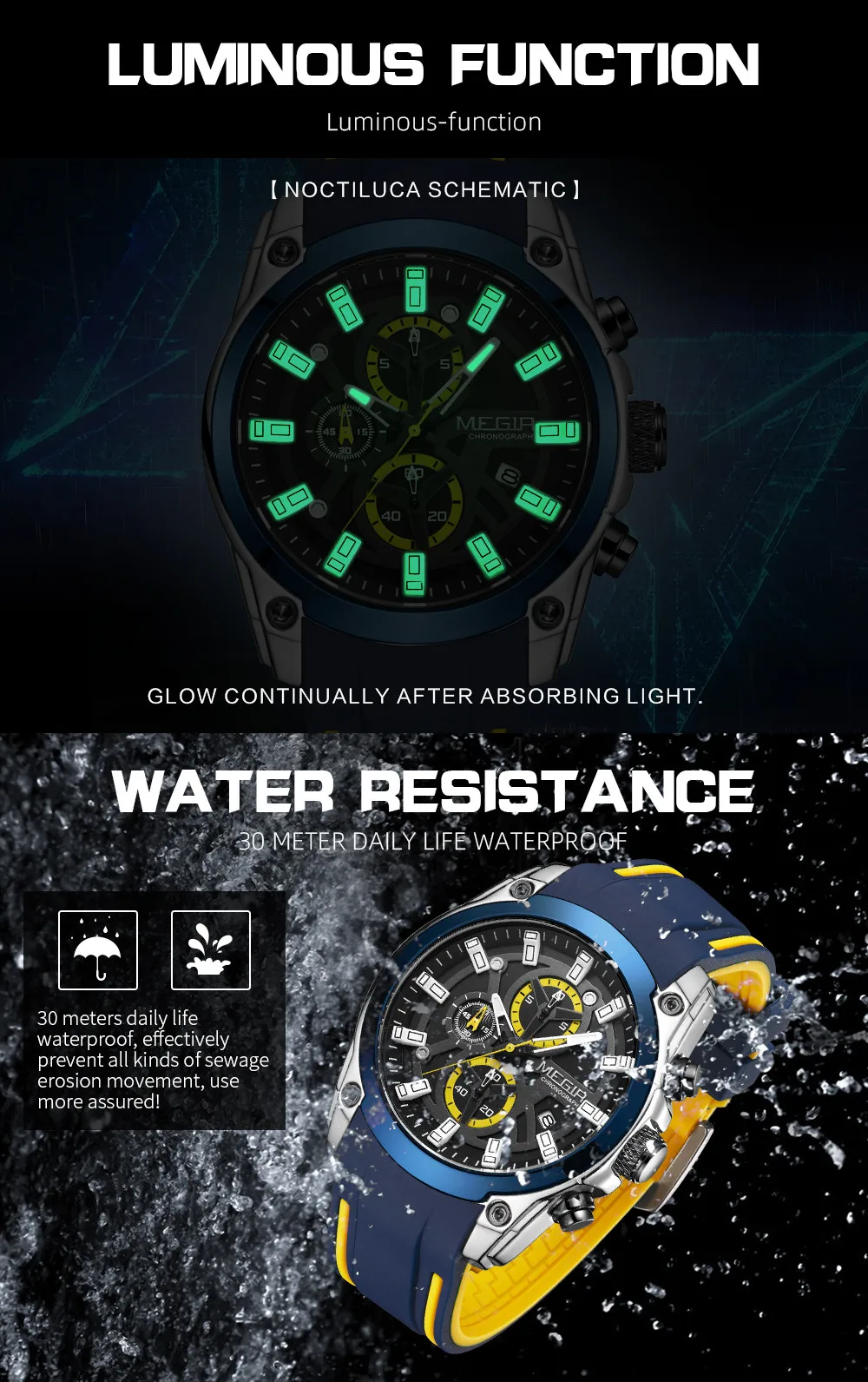 Fashion Megir Men\'s Top Brand Luxury Sport Military Chronograph Luminous Date Quartz Silicone Male Multi-function Wrist Watches