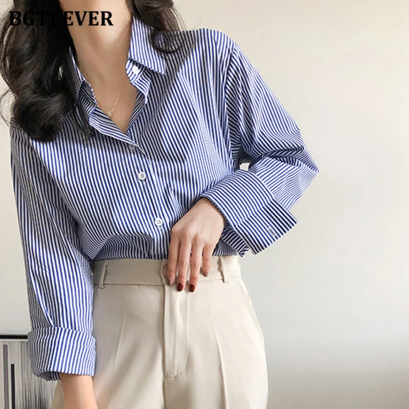 BGTEEVER Casual Turn-down Collar Loose Female Striped Shirts Spring Long Sleeve Single-breasted Stylish Women Blouses Tops