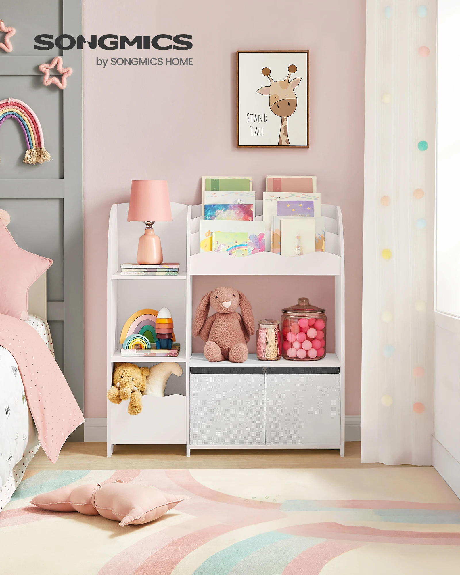 SONGMICS Boekenkast Kinderrek 2-opbergers boksspeelgoed Rek voor boeken KINDERENkamer Speelkamer