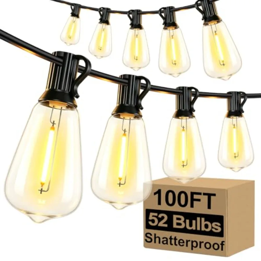 

LED Outdoor String Lights 100Feet Patio Lights with 52 Shatterproof ST38 Vintage Edison Bulbs, Outside Hanging Light Waterproof