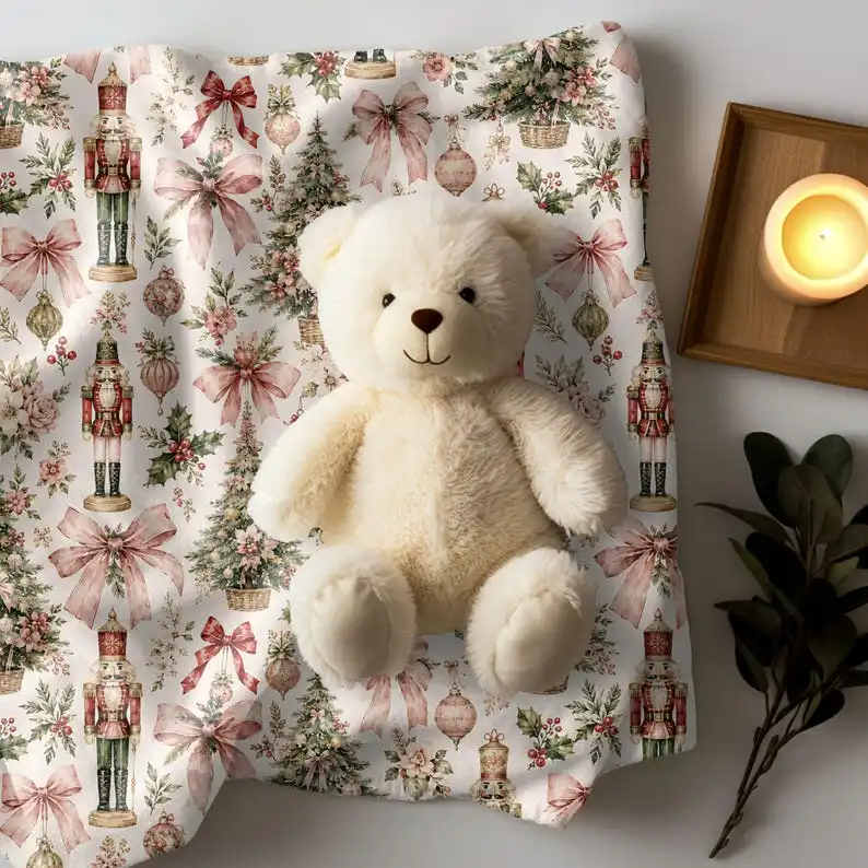 New in 2026Coquette Nutcracker Christmas Toile Throw |   Vintage Tree Pattern, Pink Plush Blanket