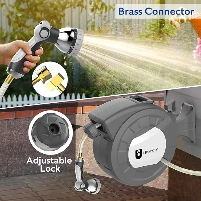 Retractable Garden Hose Reel Wall Mount 130FT 1/2 Inch Lock Any Length 10 Spray Patterns Nozzle