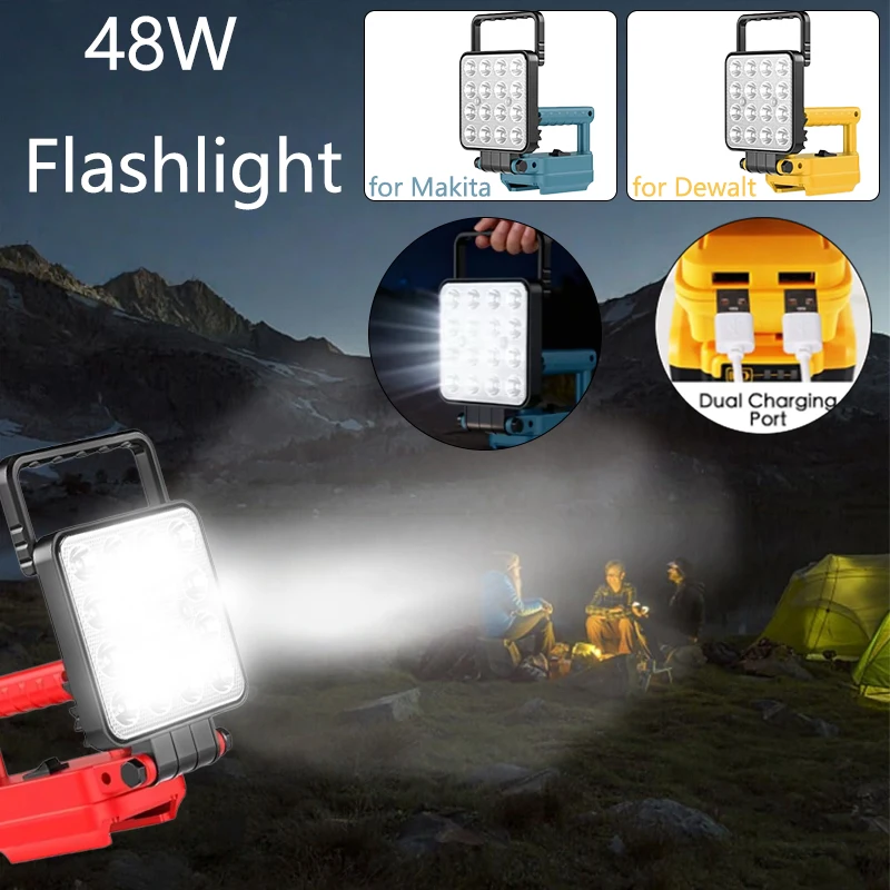 

Портативный фонарь 48 Вт, 4-дюймовый беспроводной светодиодный рабочий фонарь для аккумуляторов Makita/Dewalt/Milwaukee 18В/20В, лампа для кемпинга, аварийное освещение