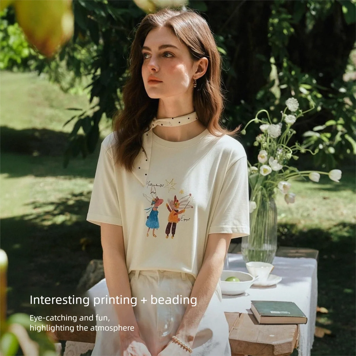 OLrain Ribbed Crew Neck Short Sleeve Top Women 2026 Summer Cartoon Contrast Color Print Loose Casual Cotton T-shirt O58XT006812