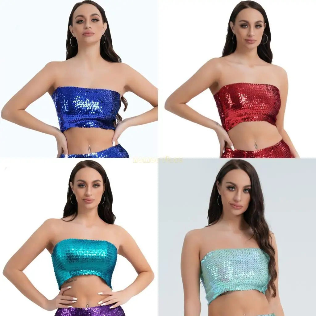 

31BF Womens Sparkly Sequins Crop Top,Glitter Strapless Tube Top Stretch Bandeau Tops