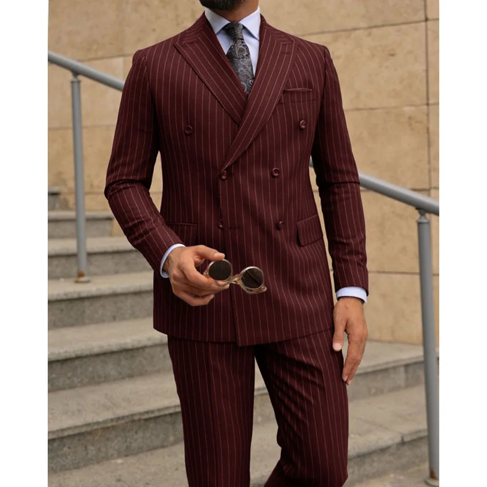 Conjunto de duas peças de terno listrado masculino, vestido trespassado duplo, roupa de cavalheiro, roupa de casamento formal, trajes masculinos