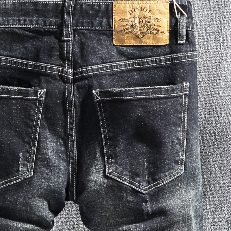 Street Fashion Men Jeans Retro Black Blue Stretch Slim Fit Ripped Jeans Men Patches Designer Hip Hop Vintage Denim Pants Hombre