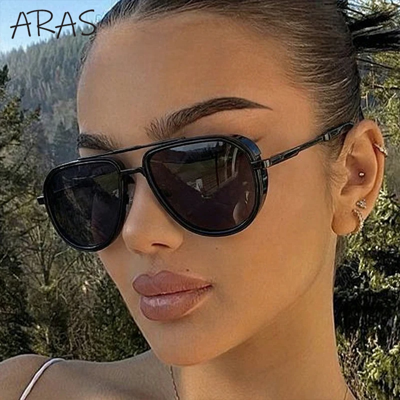 

2026 Y2K Steampunk Oversized Pilot Sunglasses Women Vintage Double Bridge Black Shades Female Driving Shield Cool Sun Glasses