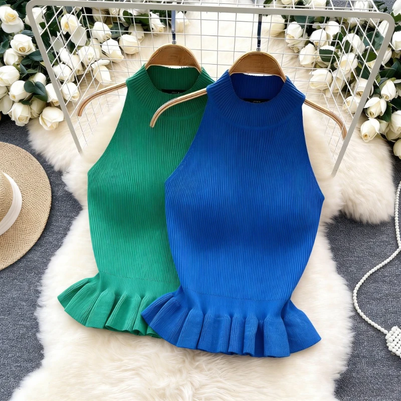 

Blue Mock Neck Ruffle Hem Crop Tank Women's Clothing Sleeveless Stretchy Ribbed Knit Casual Summer Elegant Cami Top Outfits