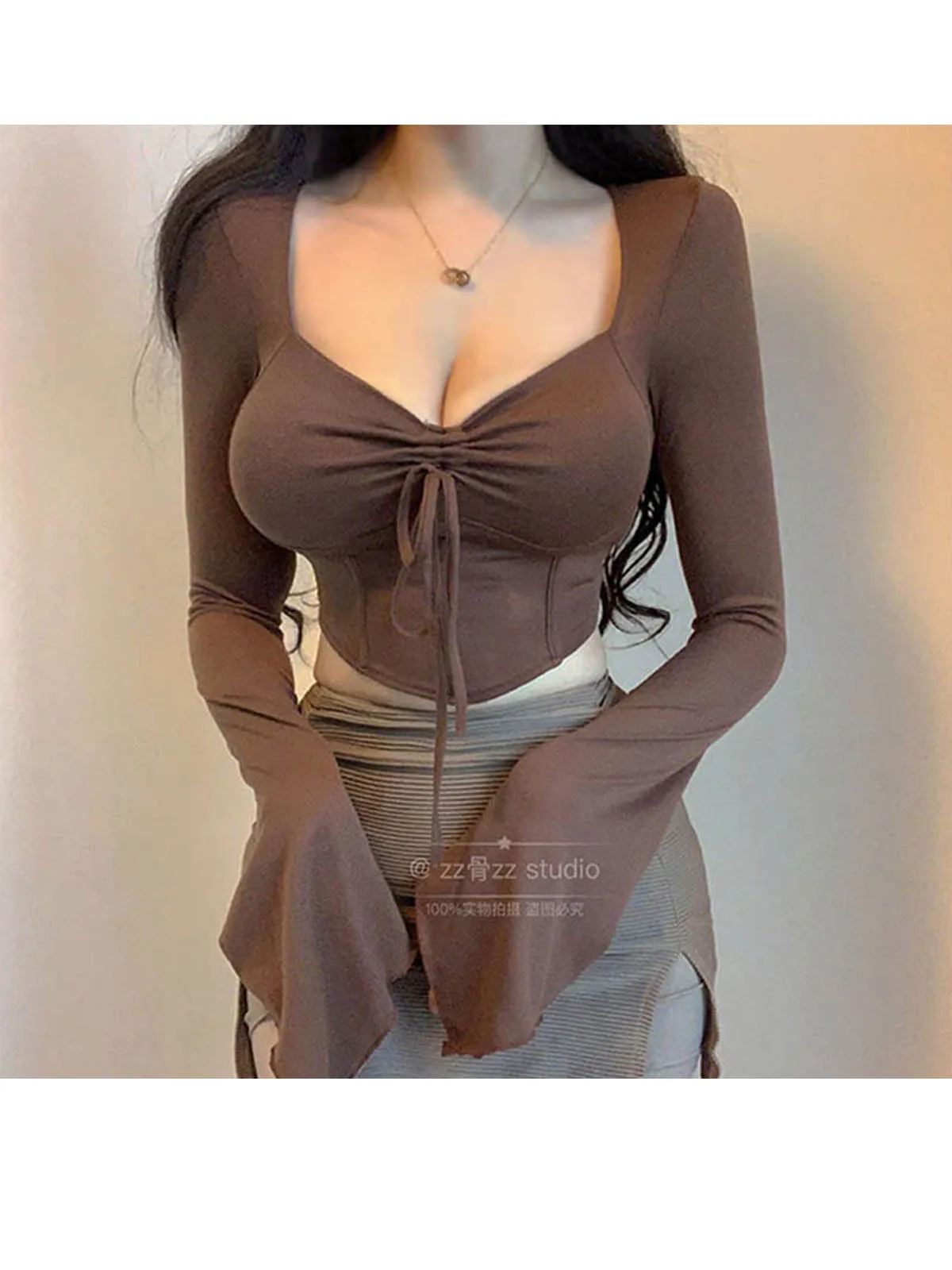 قمصان فرنسية جميلة وحار برباط بأكمام مضيئة ، رغبة نقية ناضجة ، تي شيرت بأكمام طويلة غير منتظمة ، تيشيرتات حلوة ، MD37 ، جديدة #5