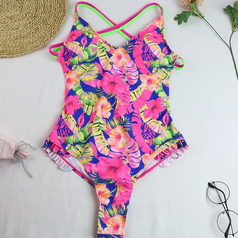 2024 Sexy One Piece Swimsuit Swimwear Women Ruffled Double Cross Straps V-neck Flower Coconut Tree Print Bathing Suit Beachwear