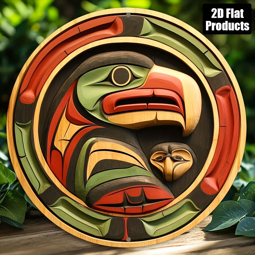 HD Tin Sign, Northwest Coast Native Thunderbird Round Metal Wall Art, Tribal Indigenous Decor