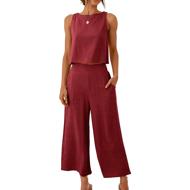 2023 Spring and Summer Women's Clothing Sleeveless Cropped Top + Wide-leg Pants Two-piece Suit