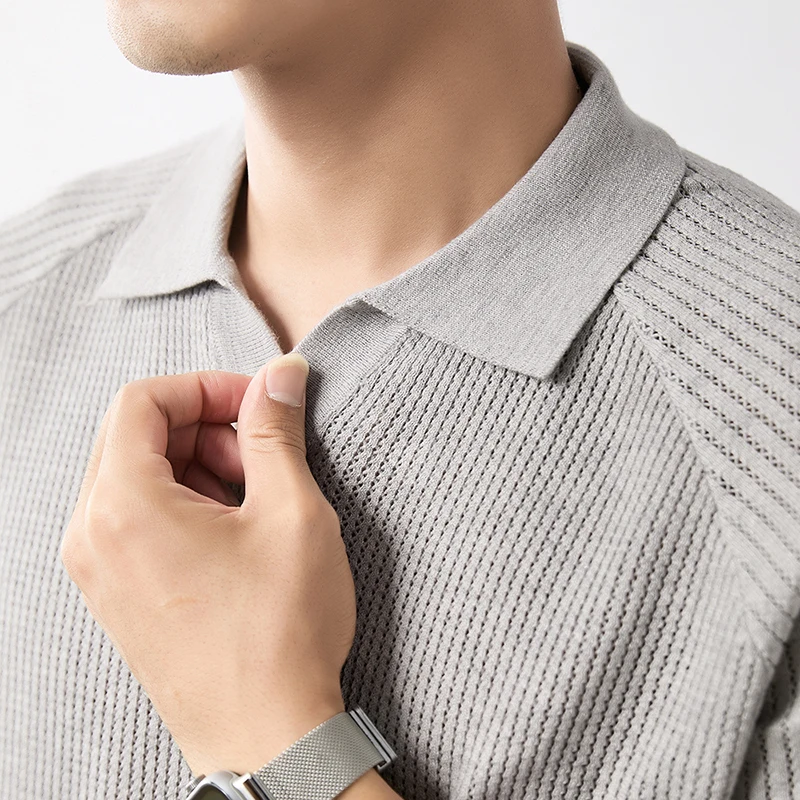 

100% Pure Cotton Knit Jumper Men Trendy Breathable Knitting Clothes Classic Turn Down Collar Sweater Pullover Tops Long Sleeved