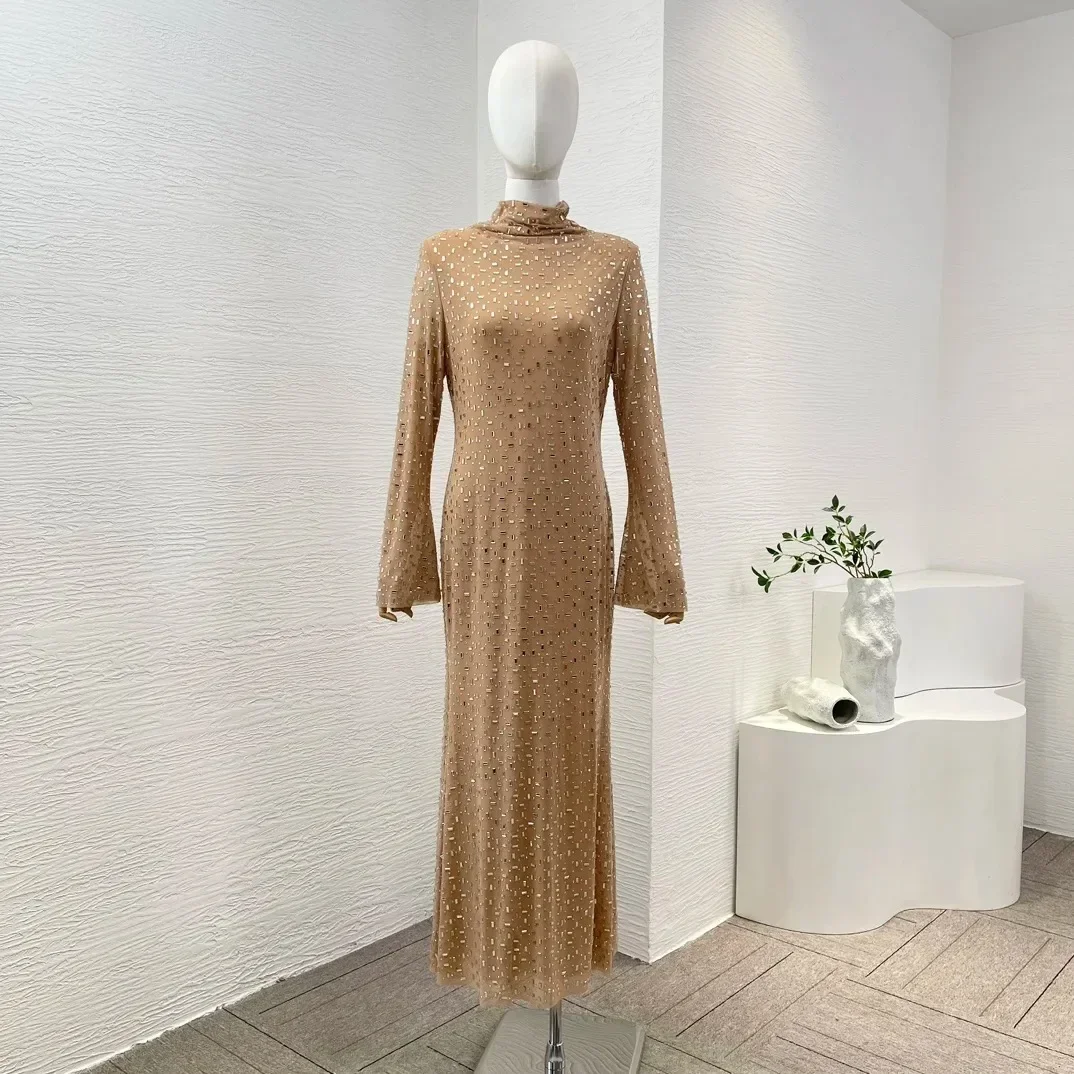 

2024 Diamonds Pressed Nude Color Long Sleeve Turtleneck Mermaid Tube Trumpet Midi Dress for Women