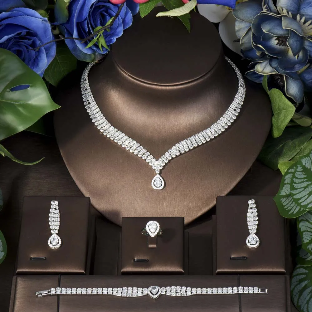 HIBRIDE New Design Water Drops Necklace Earring For Women Wedding Luxury Dubai Bridal White Zirconia Jewelry Sets S-292