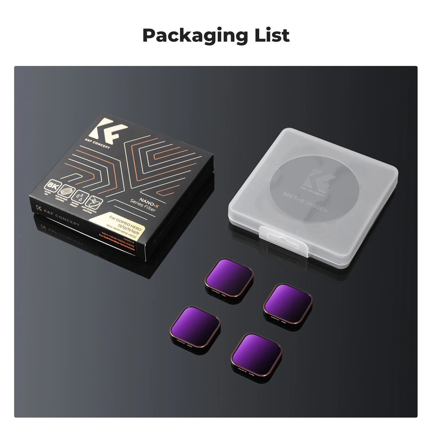 K&F Concept Camera Filter Set for Gopro Hero 9/10/11/12/13 Action Neutral Density Filter Green Film ND4 ND8 ND16 ND32 4 Pack Set