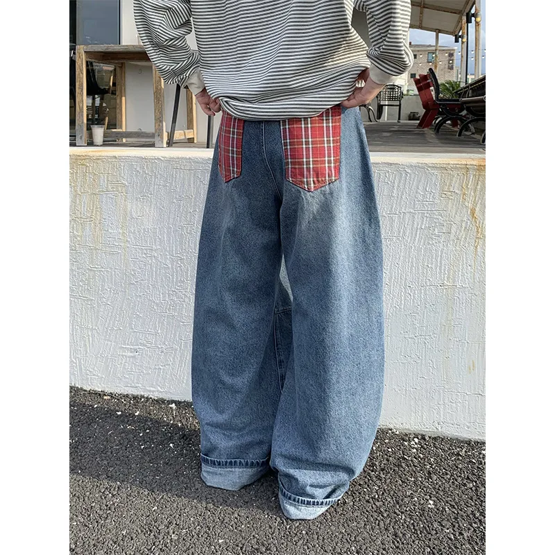 

American-style loose wide-leg floor-length pants with plaid patchwork, drawstring, curved cut, slimming high-waisted straight je