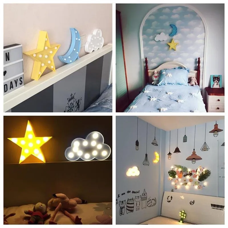 Luz LED de noche con batería para decoración de dormitorio, lámpara colgante de pared, marquesina blanca cálida, arcoíris, estrella, nube, luna,