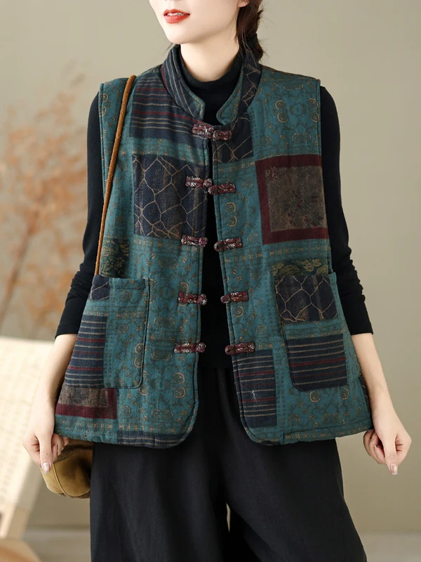 Authentic Chinese Style Cotton Linen Printed Button Vest Warm Outerwear Autumn Winter Women's Fashion Thickened Plaid Design