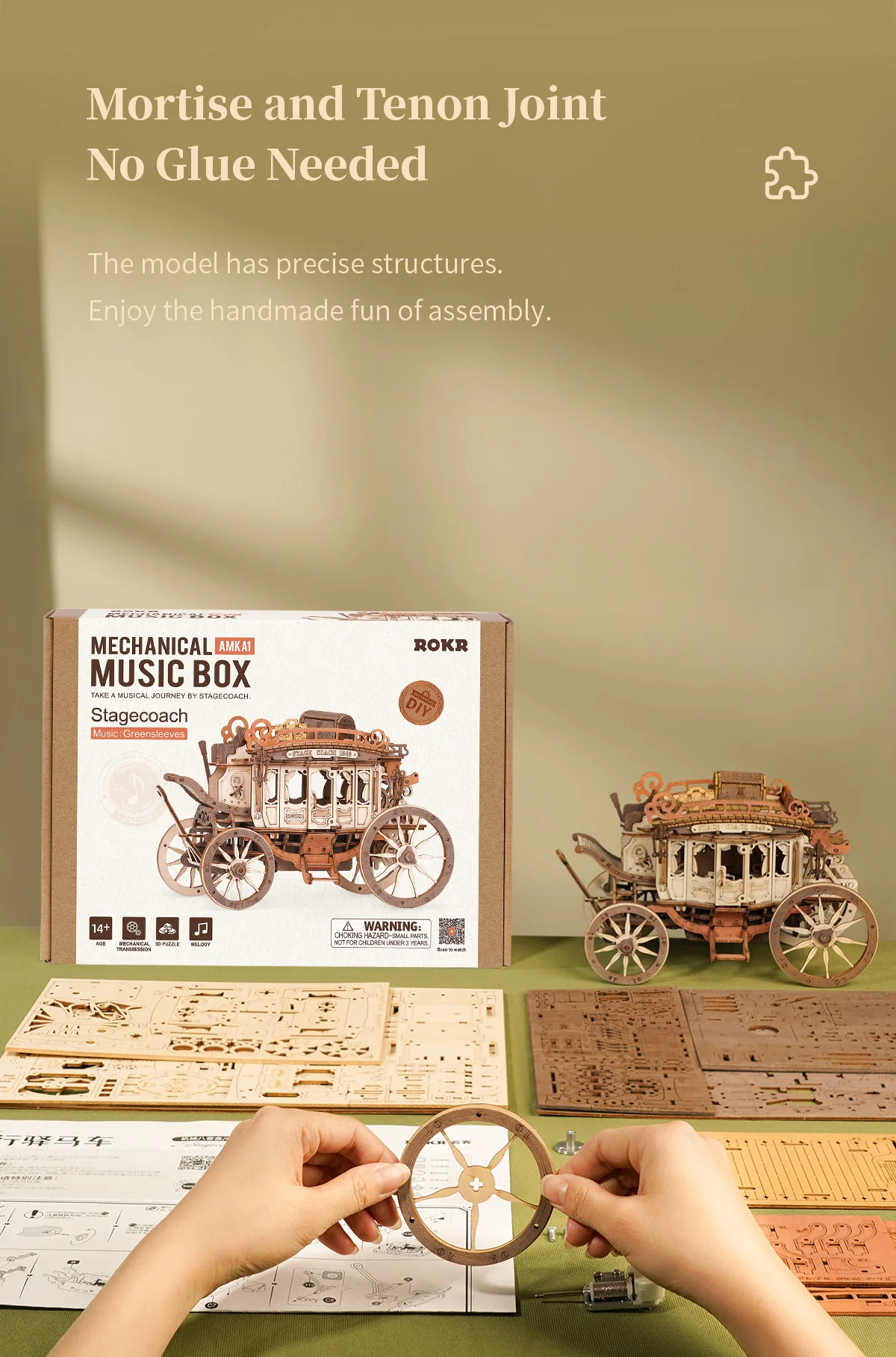 Robotime Rokr Stagecoach Music Box 3D Wooden Puzzle for Adults Birthday Anniversary Day Gift Hobby STEM Kits Model Easy to Build